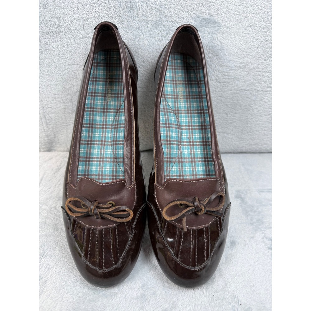 LL Bean Brown Patent Leather Duck Boot Ballet Flats Kiltie Bow 261027 7.5 M (B)
